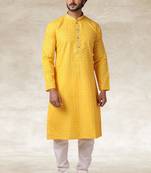 yellow printed cotton fabric straight kurta churidar for men