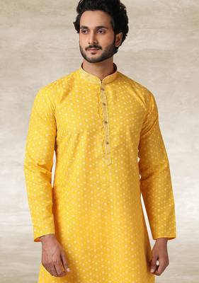 yellow printed cotton fabric straight kurta churidar for men 2