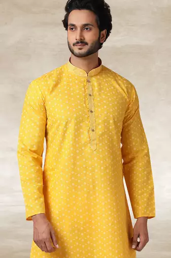 yellow printed cotton fabric straight kurta churidar for men