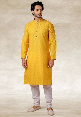 yellow printed cotton fabric straight kurta churidar for men 3