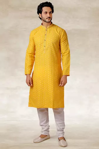 yellow printed cotton fabric straight kurta churidar for men