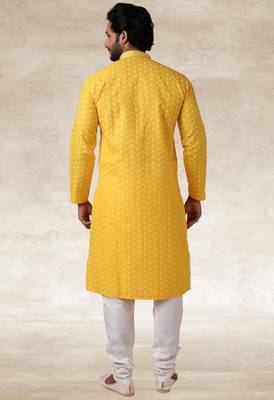 yellow printed cotton fabric straight kurta churidar for men 4