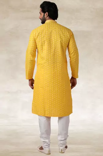 yellow printed cotton fabric straight kurta churidar for men