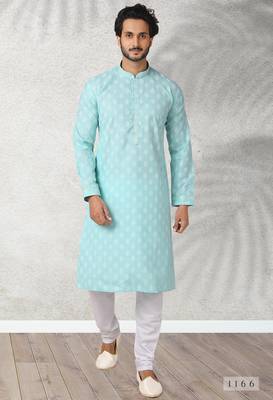 blue printed cotton fabric straight kurta churidar for men 1