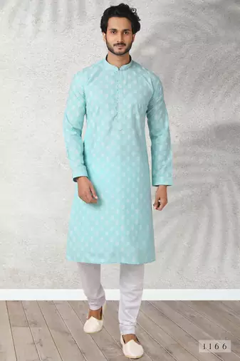 Blue printed cotton fabric straight kurta for men