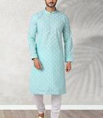 blue printed cotton fabric straight kurta churidar for men