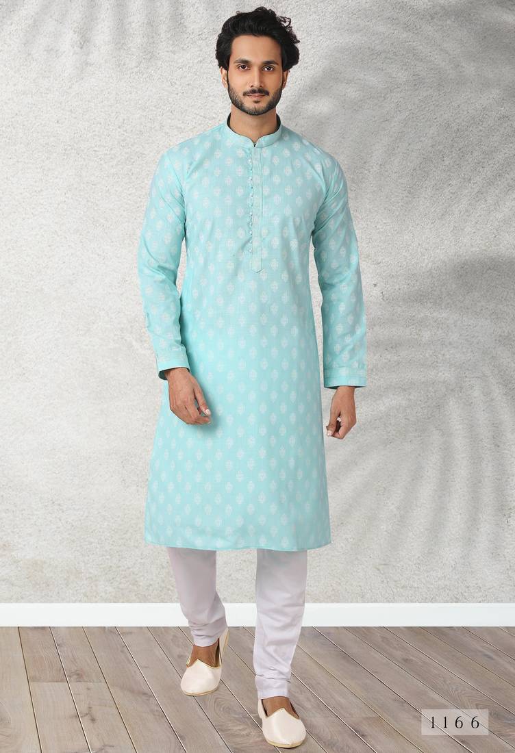 Blue printed cotton fabric straight kurta for men