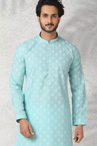 blue printed cotton fabric straight kurta churidar for men