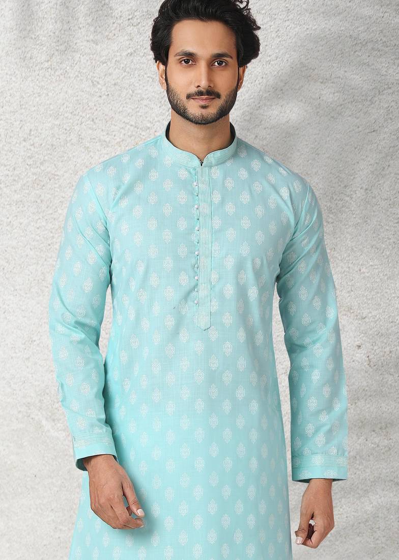 Blue printed cotton fabric straight kurta for men