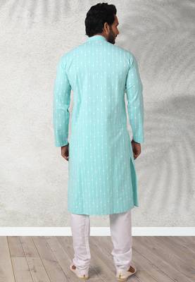 blue printed cotton fabric straight kurta churidar for men 3