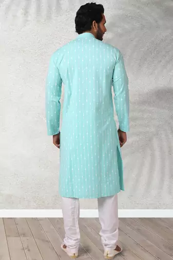 blue printed cotton fabric straight kurta churidar for men