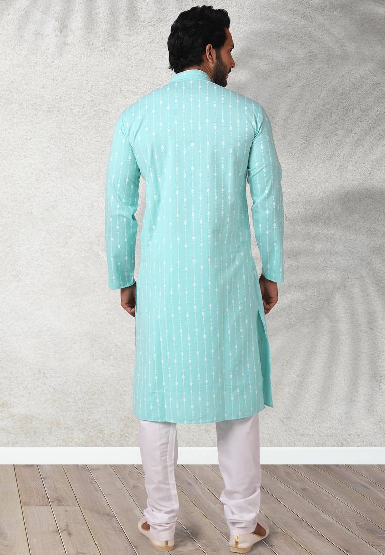 Blue printed cotton fabric straight kurta for men