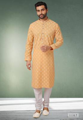 yellow printed cotton fabric straight kurta churidar for men 1