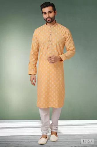 Yellow printed cotton fabric straight kurta for men
