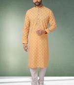 yellow printed cotton fabric straight kurta churidar for men