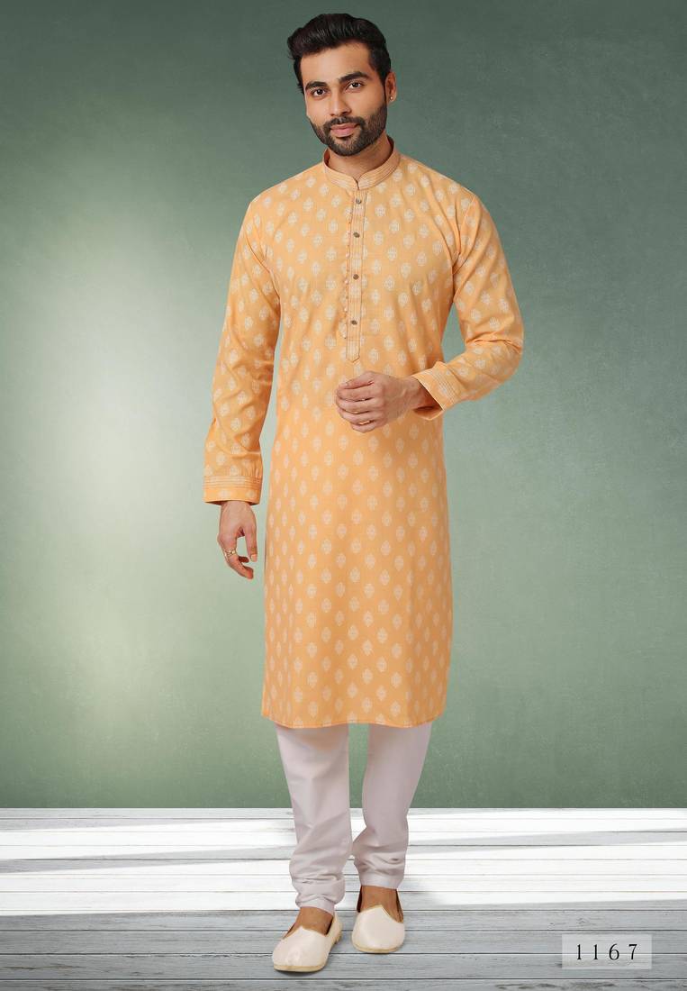 Yellow printed cotton fabric straight kurta for men
