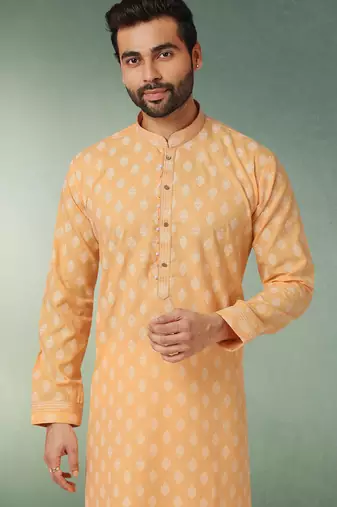 yellow printed cotton fabric straight kurta churidar for men