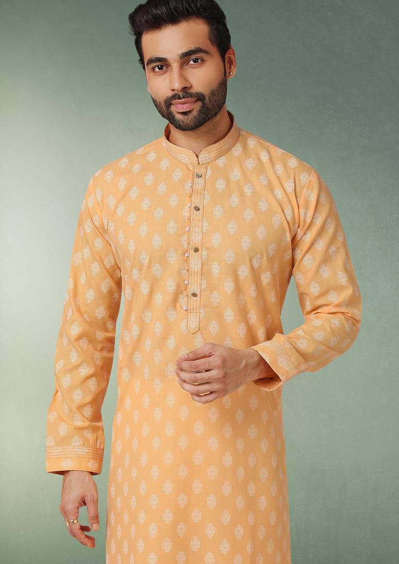 Yellow printed cotton fabric straight kurta for men