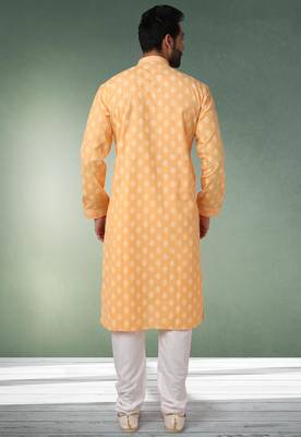 yellow printed cotton fabric straight kurta churidar for men 3