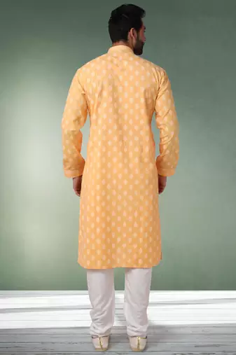 yellow printed cotton fabric straight kurta churidar for men