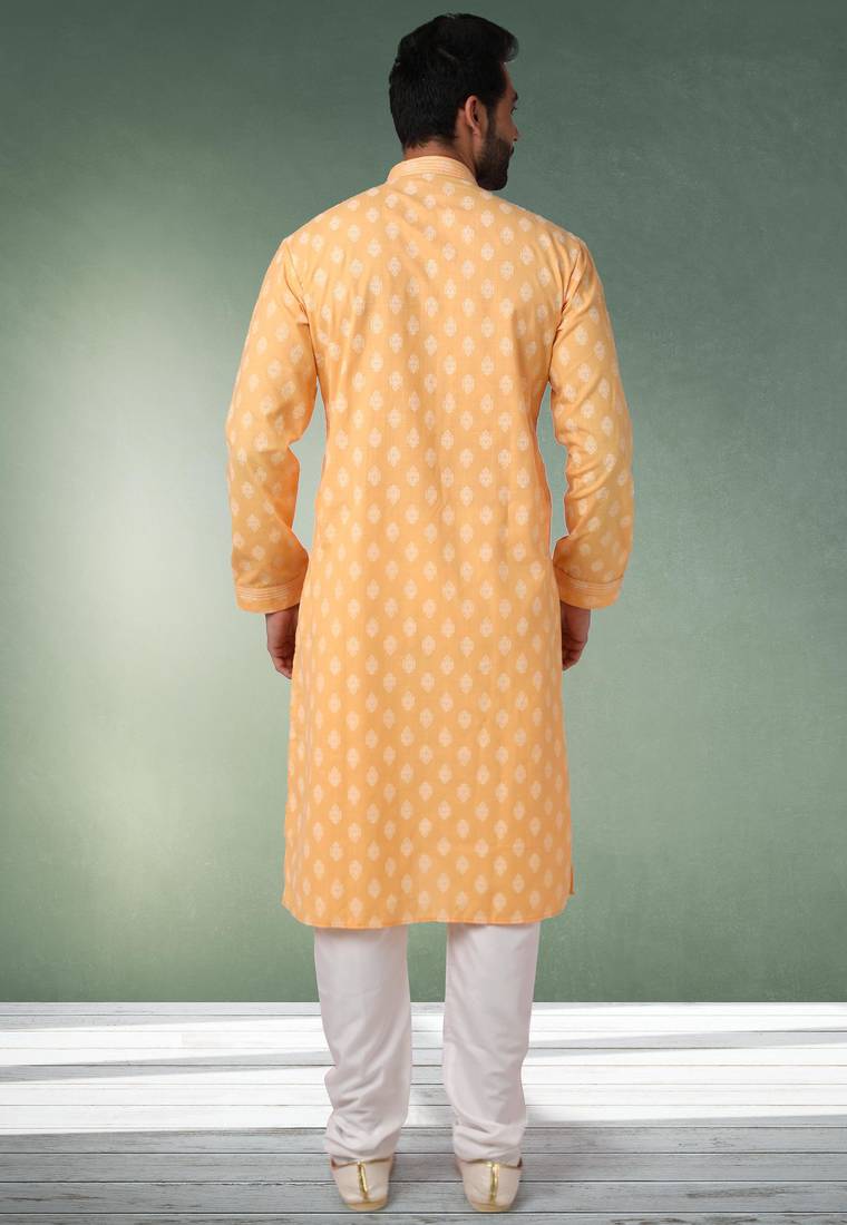 Yellow printed cotton fabric straight kurta for men