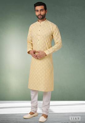 yellow printed cotton fabric straight kurta churidar for men 1