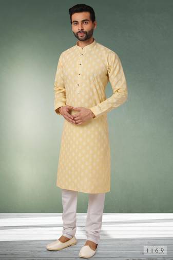 Yellow printed cotton fabric straight kurta for men