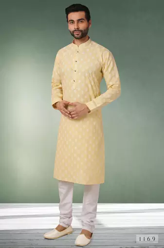 Yellow printed cotton fabric straight kurta for men