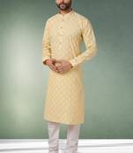 yellow printed cotton fabric straight kurta churidar for men