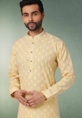 yellow printed cotton fabric straight kurta churidar for men 2