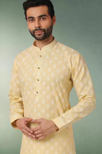 yellow printed cotton fabric straight kurta churidar for men