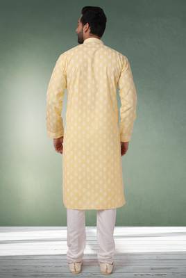 yellow printed cotton fabric straight kurta churidar for men 3