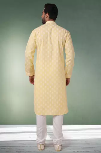 yellow printed cotton fabric straight kurta churidar for men