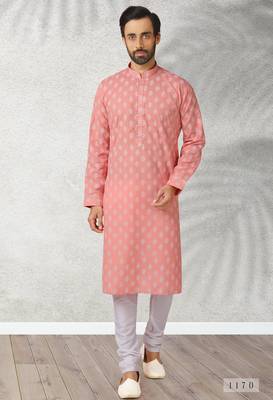 pink printed cotton fabric straight kurta churidar for men 1