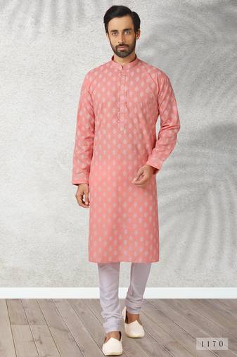 Pink printed cotton fabric straight kurta for men
