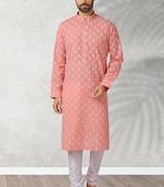 pink printed cotton fabric straight kurta churidar for men