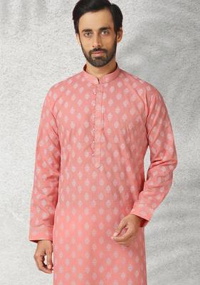 pink printed cotton fabric straight kurta churidar for men 2