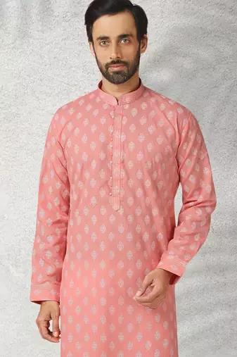 pink printed cotton fabric straight kurta churidar for men