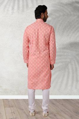 pink printed cotton fabric straight kurta churidar for men 3