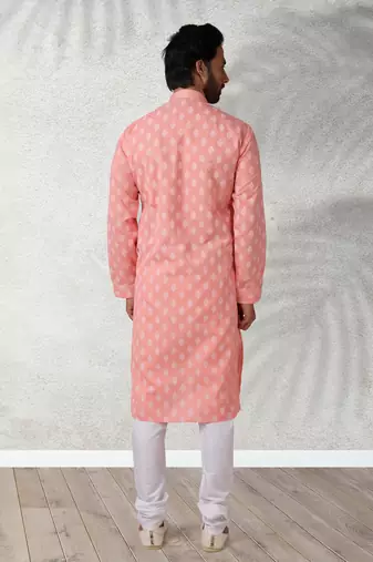 pink printed cotton fabric straight kurta churidar for men