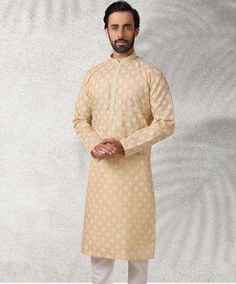 beige printed cotton fabric straight kurta churidar for men 1
