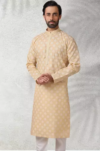 Beige printed cotton fabric straight kurta for men