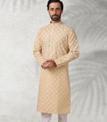 beige printed cotton fabric straight kurta churidar for men