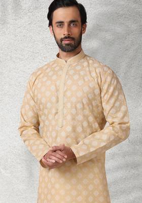 beige printed cotton fabric straight kurta churidar for men 2