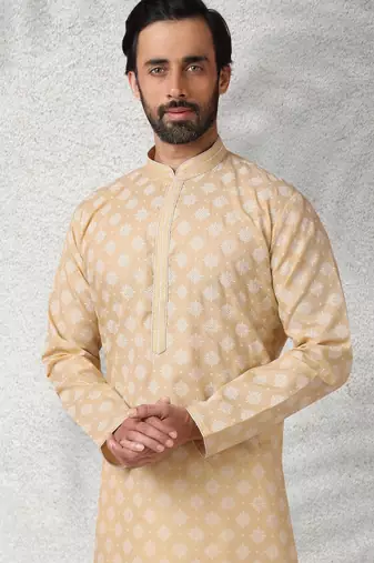 beige printed cotton fabric straight kurta churidar for men