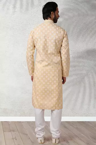 beige printed cotton fabric straight kurta churidar for men