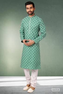 green printed cotton fabric straight kurta churidar for men 1