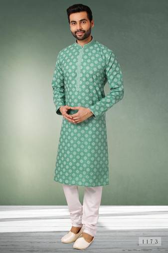Green printed cotton fabric straight kurta for men