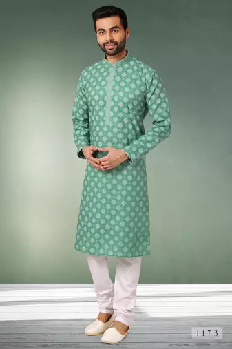 Green printed cotton fabric straight kurta for men