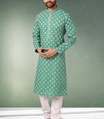 green printed cotton fabric straight kurta churidar for men
